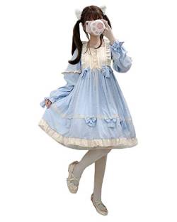 Mädchen Lolita Prinzessin Kleid japanischen Stil Mesh Perle Schleife Langarm Pullover Casual Daily Kleider, blau, Einheitsgröße von Himifashion