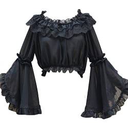 Mädchen Lolita Shirt Spitze Glockenärmel Chiffon Unterhemd Crop Tops, Schwarz , One size von Himifashion