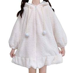Süße warme Mäntel für Mädchen, japanischer Stil, Kawaii-Hasenohren, Lammwolle, lockerer Kapuzenpullover, Oberteil mit Reißverschluss, weiß, One size von Himifashion