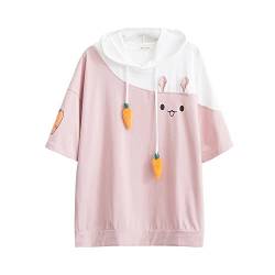 Teens Cute T-Shirt Kawaii Kaninchen Karotte Farblich Passende Sommer Tops Tee Frauen Japanische Kurzarm T-Shirts, rose, Large von Himifashion