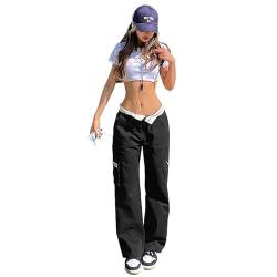 Cargohose Damen Y2K Jeans Low Waist Einfarbig Baggy Freizeithose Cargo Hose Pants Streetwear für Frauen Mädchen (E Schwarz, L) von Himllauen