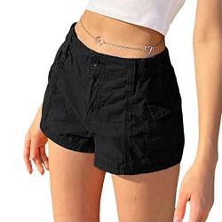 Damen Cargo Shorts Sommer Einfarbig Elastisch High Waist Button Zipper Kurze Hose mit Taschen Y2k Vintage Shorts (Schwarz, L) von Himllauen