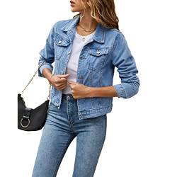 Damen Jeans Jacke Langarm Einfarbig Knopf Kurze Jeansjacke mit Taschen Leichte Jacken für Frauen Fashion Aesthetic Vintage Streetwear (Hellblau, S) von Himllauen