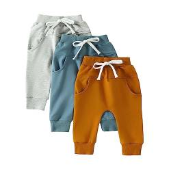 Himllauen Baby Jungen Hosen 3er-Pack Einfarbig Pumphose 0-3 Jahre Kleinkind Lange Hose (Blau Braun Grau, 18-24 Months) von Himllauen