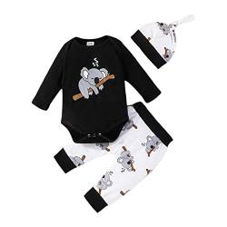 Himllauen Baby Jungen Mädchen 3tlg Set Koala Print Body + Hose + Mütze Babyset Kleinkind Kleidung Süß Outfit (Schwarz, 0-3 Months) von Himllauen