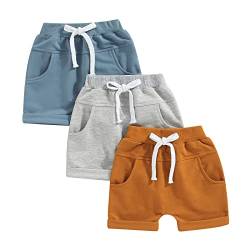 Himllauen Baby Jungen Shorts 3er-Pack Sommer Einfarbig Shorts 0-3 Jahre Kinder Kurze Hosen (Blau Braun Grau, 18-24 Months) von Himllauen