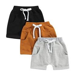 Himllauen Baby Jungen Shorts 3er-Pack Sommer Einfarbig Shorts 0-3 Jahre Kinder Kurze Hosen (Schwarz Braun Grau, 0-6 Months) von Himllauen