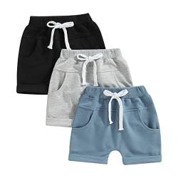 Himllauen Baby Jungen Shorts 3er-Pack Sommer Einfarbig Shorts 0-3 Jahre Kinder Kurze Hosen (Schwarz Grau Blau, 0-6 Months) von Himllauen