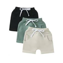 Himllauen Baby Jungen Shorts 3er-Pack Sommer Einfarbig Shorts 0-3 Jahre Kinder Kurze Hosen (Schwarz Grün Aprikose, 12-18 Months) von Himllauen