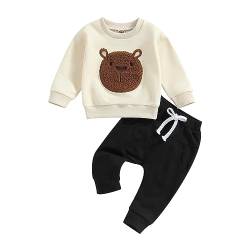 Himllauen Baby Jungen Zweiteiler Outfit Stickerei Bär Sweatshirt + Hose Süß Babykleidungsset Neugeborene Kleidung (Beige & Schwarz, 0-6 Months) von Himllauen