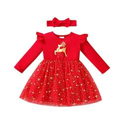 Himllauen Baby Kleinkind Mädchen Weihnachtskleid Langarm Rüschen Tüllkleid 0-6 Jahre Kinder Weihnachtsoutfit Weihnachten Kleidung (D Rot, 18-24 Months) von Himllauen