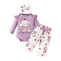 Himllauen Baby Mädchen Kleidung Elefant Print Langarm Body + Hose + Stirnband Babyset Kleinkind Süß Outfits (Mama's Baby Lila, 3-6 Months) von Himllauen