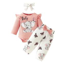 Himllauen Baby Mädchen Kleidung Langarm Body + Hose + Stirnband Elefant Print Babyset Kleinkind Süß Outfit (Dunkel Rosa, 3-6 Months) von Himllauen