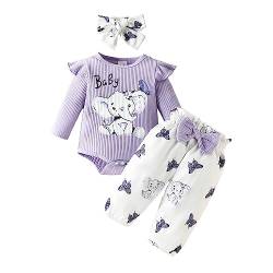 Himllauen Baby Mädchen Kleidung Langarm Body + Hose + Stirnband Elefant Print Babyset Kleinkind Süß Outfit (Lila, 0-3 Months) von Himllauen