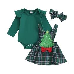 Himllauen Baby Mädchen Weihnachtsoutfit Langarm Body + Karo Straps Rock + Haarband 3tlg Set Kleinkind Outfit Weihnachten Kleidung (Grün A, 3-6 Months) von Himllauen