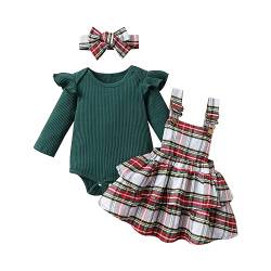 Himllauen Baby Mädchen Weihnachtsoutfit Langarm Body + Karo Straps Rock + Haarband 3tlg Set Kleinkind Outfit Weihnachten Kleidung (Grün B, 0-3 Months) von Himllauen