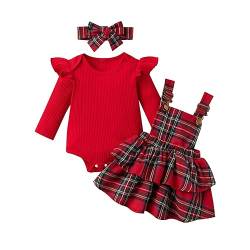 Himllauen Baby Mädchen Weihnachtsoutfit Langarm Body + Karo Straps Rock + Haarband 3tlg Set Kleinkind Outfit Weihnachten Kleidung (Rot B, 0-3 Months) von Himllauen