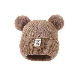 Himllauen Baby Mütze Unisex Neugeborene Winter Warme Mütze Kleidkind Doppelkugel Strick Hut für Jungen Mädchen (Braun, 16cm*16cm) von Himllauen