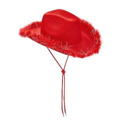 Himllauen Cowboy Hut Damen Pinker Cowboyhut Cowgirl Hut Kostüm für Cosplay Karneval Halloween Fasching Party Breite Krempe Flauschig Feder Hut (B Rot, Einheitsgröße) von Himllauen