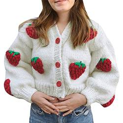 Himllauen Damen Cardigan Y2k Oversize Pullover Langarm Pulli Herbst Winter Fashion Strickjacke für Damen Mädchen (Rote Erdbeere, S) von Himllauen