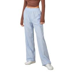 Himllauen Damen Freizeithose Gestreifte Baggy Hose Bequeme Hosen Leichte Sommerhose Jogginghose Pyjamahose (B Hellblau, M) von Himllauen