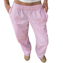 Himllauen Damen Freizeithose Gestreifte Baggy Hose Bequeme Hosen Leichte Sommerhose Jogginghose Pyjamahose (B Rosa, M) von Himllauen