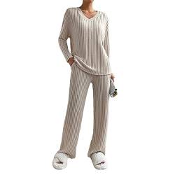 Himllauen Damen Gestrickt Loungewear Langarm Oversize Oberteil + Weite Hose Zweiteiler Pyjamas Set Schlafanzug für Damen (B Aprikose, M) von Himllauen