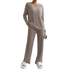 Himllauen Damen Gestrickt Loungewear Langarm Oversize Oberteil + Weite Hose Zweiteiler Pyjamas Set Schlafanzug für Damen (B Dunkelkhaki, L) von Himllauen