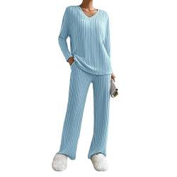 Himllauen Damen Gestrickt Loungewear Langarm Oversize Oberteil + Weite Hose Zweiteiler Pyjamas Set Schlafanzug für Damen (B Hellblau, M) von Himllauen