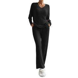 Himllauen Damen Gestrickt Loungewear Langarm Oversize Oberteil + Weite Hose Zweiteiler Pyjamas Set Schlafanzug für Damen (B Schwarz, S) von Himllauen