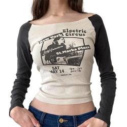 Himllauen Damen Langarmshirt Bedruckt Langarm Shirt Sweatshirt Vintage Crop Tops Y2k Gothic Punk Grunge E-Girl Clothes für Frauen Mädchen (K Schwarz Beige, M) von Himllauen