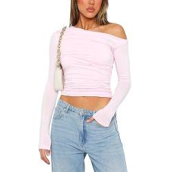 Himllauen Damen Langarmshirt Schulterfrei Crop Top Einfarbig Slim Fit Shirt Frauen Frühling Herbst Fashion Oberteile (A Rosa, L) von Himllauen