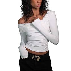 Himllauen Damen Langarmshirt Schulterfrei Crop Top Einfarbig Slim Fit Shirt Frauen Frühling Herbst Fashion Oberteile (C Weiß, M) von Himllauen