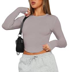 Himllauen Damen Langarmshirt Sexy Crop Top Bauchfreies Oberteil Y2k Slim Fit Tops Einfarbig Langarm T-Shirt (A Hellgrau, S) von Himllauen