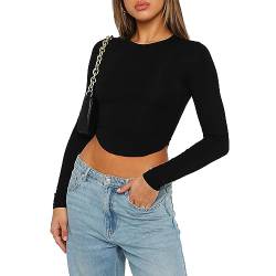 Himllauen Damen Langarmshirt Sexy Crop Top Bauchfreies Oberteil Y2k Slim Fit Tops Einfarbig Langarm T-Shirt (A Schwarz, M) von Himllauen