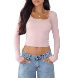 Himllauen Damen Langarmshirt Y2k Crop Top Sexy Slim Fit Tops Basic Einfarbig Oberteile Fashion Langarm Shirt für Frauen Mädchen (B Rosa, M) von Himllauen