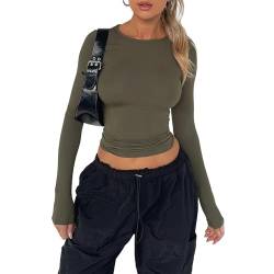 Himllauen Damen Langarmshirt Y2k Slim Fit Einfarbig Langarm Shirt Elegant Sexy Crop Tops Y2k Clothes Fashion Longsleeve für Frauen Mädchen (B Armeegrün, L) von Himllauen