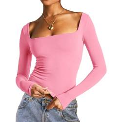 Himllauen Damen Langarmshirt Y2k Slim Fit Langarm Einfarbig Shirt Y2k Clothes Elegant Crop Tops Frühling Herbst Longsleeve (A Rosa, S) von Himllauen