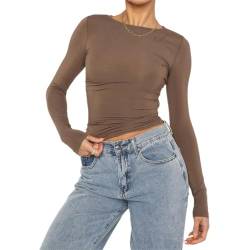 Himllauen Damen Langarmshirt Y2k Tops Sexy Oberteil Einfarbig Sweatshirt Langarm Crop Top Y2K Aesthetic Clothes Slim Oberteile Langarm Shirt (E Braun, S) von Himllauen