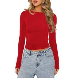 Himllauen Damen Langarmshirt Y2k Tops Sexy Oberteil Einfarbig Sweatshirt Langarm Crop Top Y2K Aesthetic Clothes Slim Oberteile Langarm Shirt (E Rot, M) von Himllauen