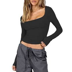 Himllauen Damen Langarmshirt Y2k Tops Sexy Oberteil Einfarbig Sweatshirt Langarm Crop Top Y2K Aesthetic Clothes Slim Oberteile Langarm Shirt (F Schwarz, L) von Himllauen