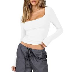 Himllauen Damen Langarmshirt Y2k Tops Sexy Oberteil Einfarbig Sweatshirt Langarm Crop Top Y2K Aesthetic Clothes Slim Oberteile Langarm Shirt (F Weiß, S) von Himllauen