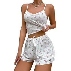 Himllauen Damen Pyjama Set​ Kurz Schlafanzug Floral Print Top und Shorts Sommer Lounge Set Y2k Shorts Set (Weiß A, L) von Himllauen