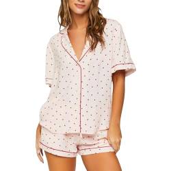 Himllauen Damen Pyjama Set Kurz Schlafanzug Herzdruck Kurzarm Shirt und Shorts Zweiteiler Lounge Set (Creamy, L) von Himllauen