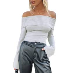 Himllauen Damen Schulterfrei Pullover Einfarbig Gerippt Langarm Pulli Off Shoulder Strickpullover Y2k Crop Top (C Hellgrau, S) von Himllauen