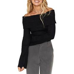 Himllauen Damen Schulterfrei Pullover Einfarbig Gerippt Langarm Pulli Off Shoulder Strickpullover Y2k Crop Top (C Schwarz, L) von Himllauen