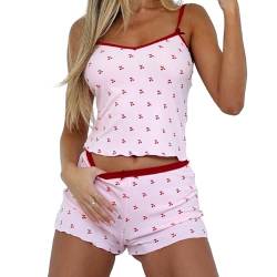 Himllauen Damen Sommer Pyjama Set Kurz Schlafanzug Träger Top + Shorts Zweiteiler Outfit Lounge Set (A Rosa, S) von Himllauen