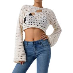 Himllauen Damen Strick Crop Top Crochet Tops Strickpullover Sexy Pullover Langarmshirt Y2K Elegant Tops Bikini Cover Up für Frauen (A Beige, L) von Himllauen