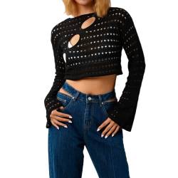 Himllauen Damen Strick Crop Top Crochet Tops Strickpullover Sexy Pullover Langarmshirt Y2K Elegant Tops Bikini Cover Up für Frauen (A Schwarz, XL) von Himllauen