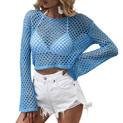 Himllauen Damen Strick Crop Top Crochet Tops Strickpullover Sexy Pullover Langarmshirt Y2K Elegant Tops Bikini Cover Up für Frauen (H Blau, L) von Himllauen